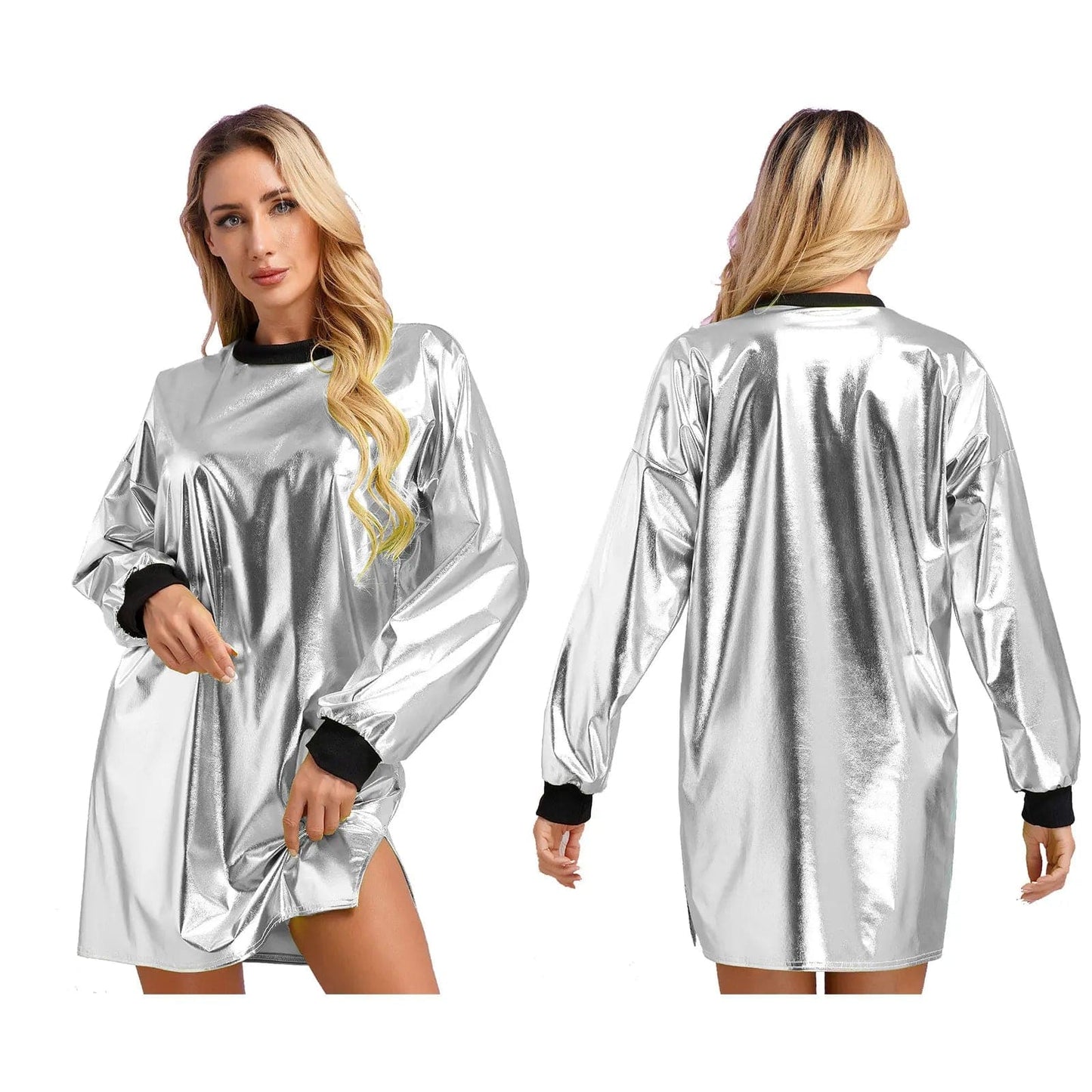 Kinky Cloth Silver / XL Shiny Rib Trims T-Shirt Dress