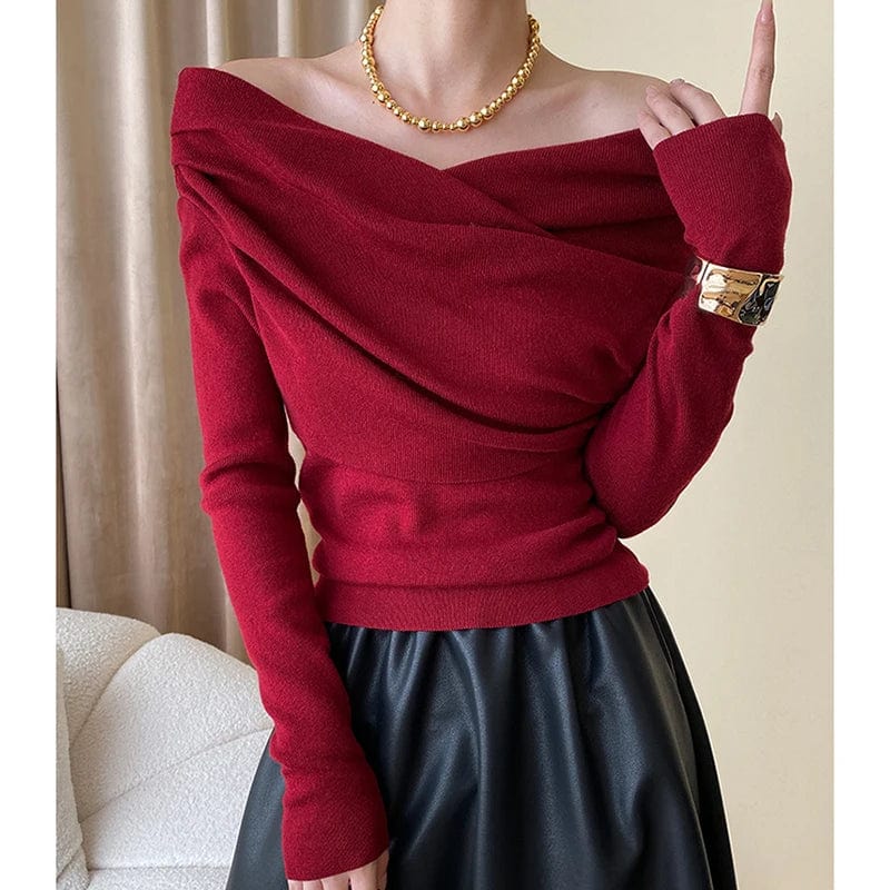 Kinky Cloth Wine Red / One Size Slash Neck Pleated Knit Sweater