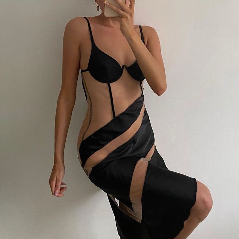 Kinky Cloth Spaghetti Strap Transparent Patchwork Dress