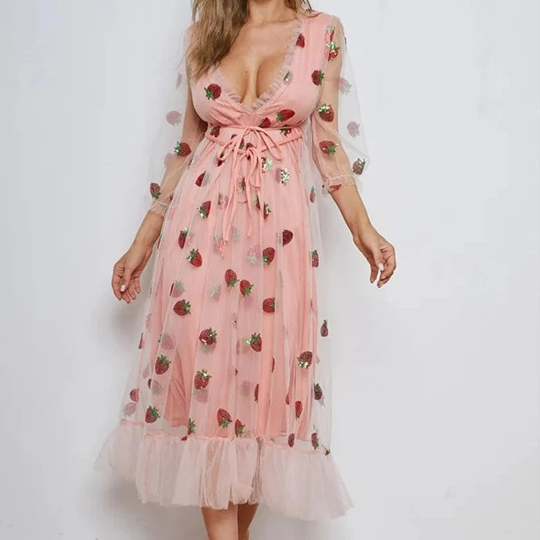 Kinky Cloth Pink Long Sleeve / S Strawberry Print Dress