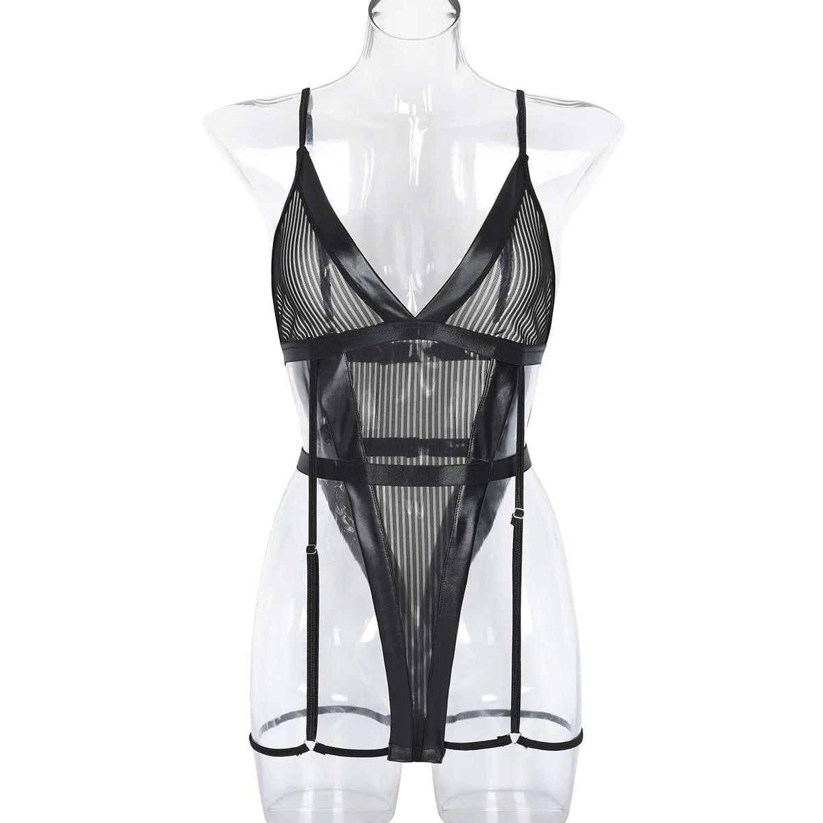 Kinky Cloth Black / S Striped Garter Transparent Bodysuit