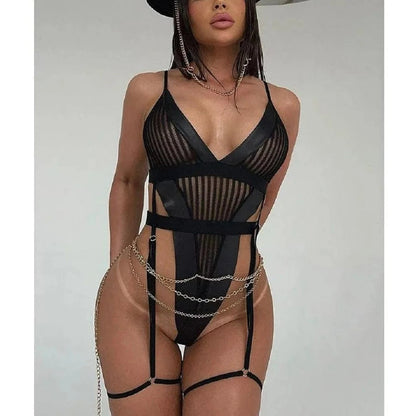 Kinky Cloth Striped Garter Transparent Bodysuit