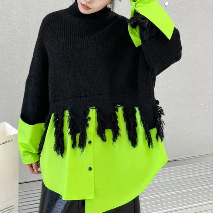 Kinky Cloth Black / One Size Tassel Color-block Knit Sweater