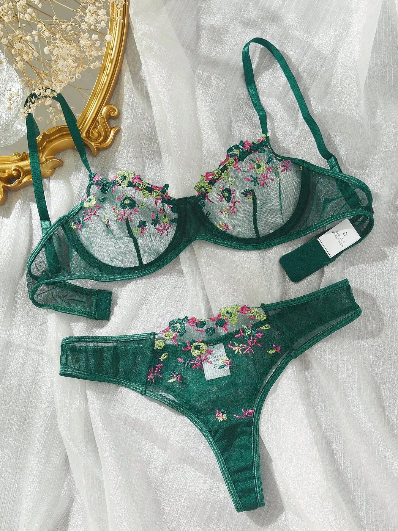 Kinky Cloth Dark Green / L Transparent Fairy Embroidery Lingerie Sets