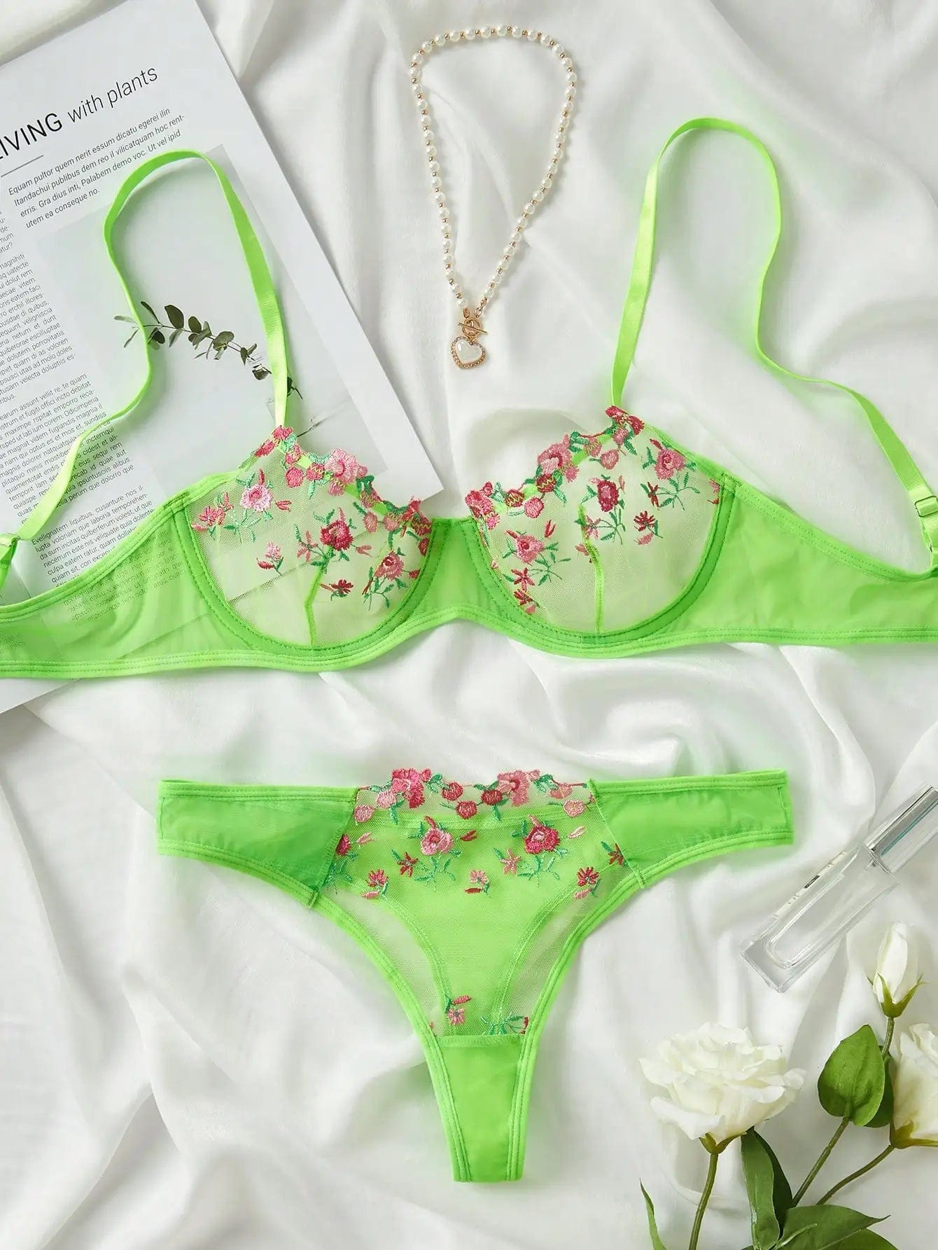 Kinky Cloth Fluorescent Green / L Transparent Fairy Embroidery Lingerie Sets