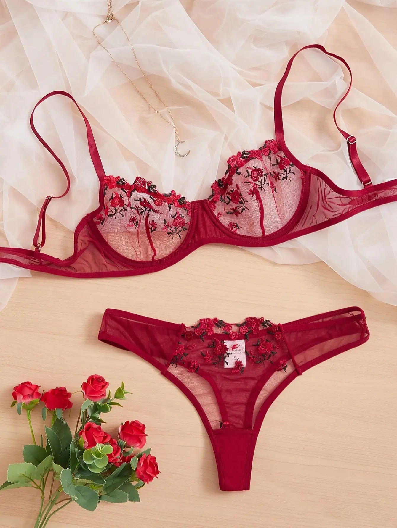 Kinky Cloth Wine Red / L Transparent Fairy Embroidery Lingerie Sets