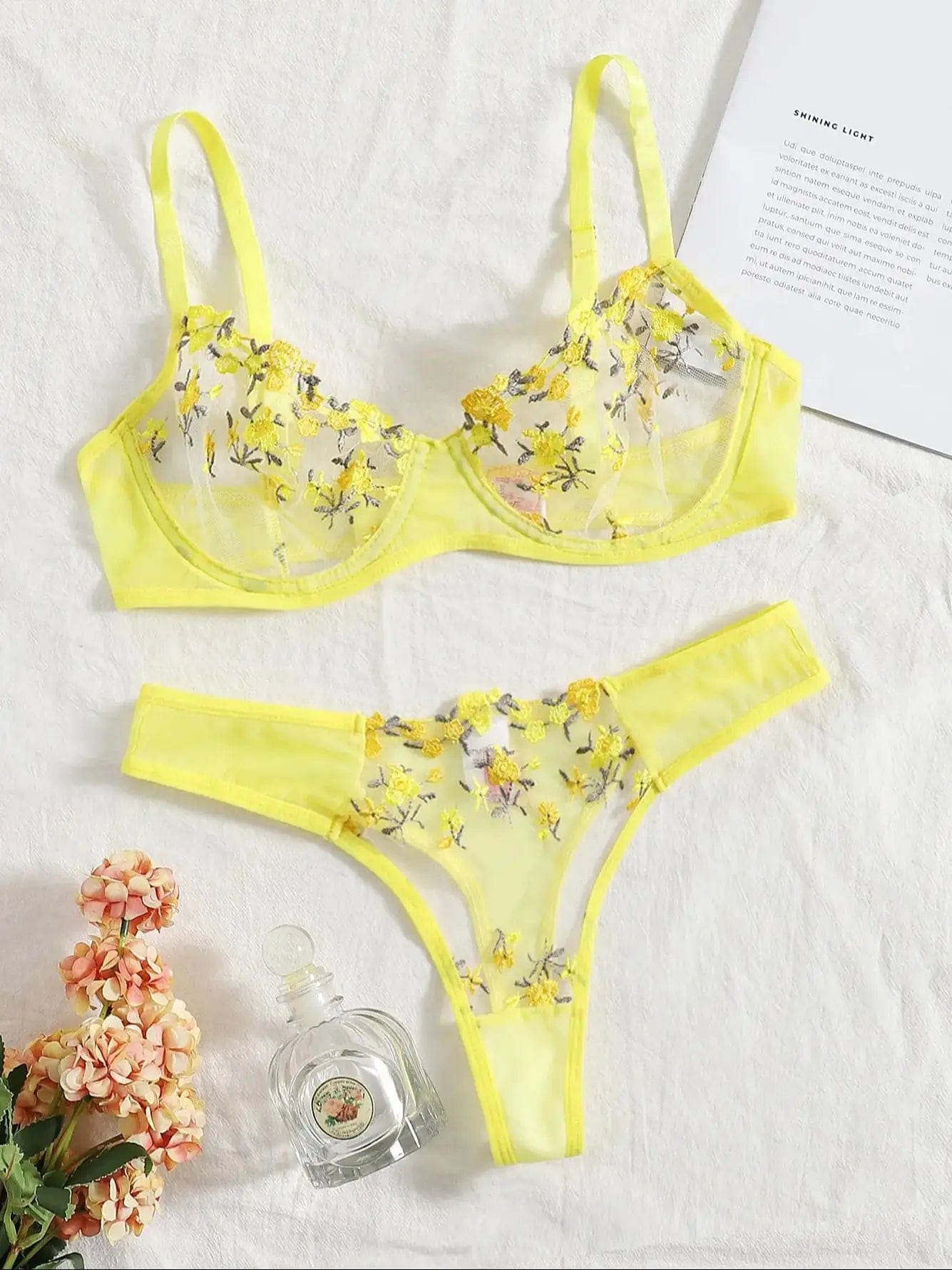 Kinky Cloth Yellow / L Transparent Fairy Embroidery Lingerie Sets