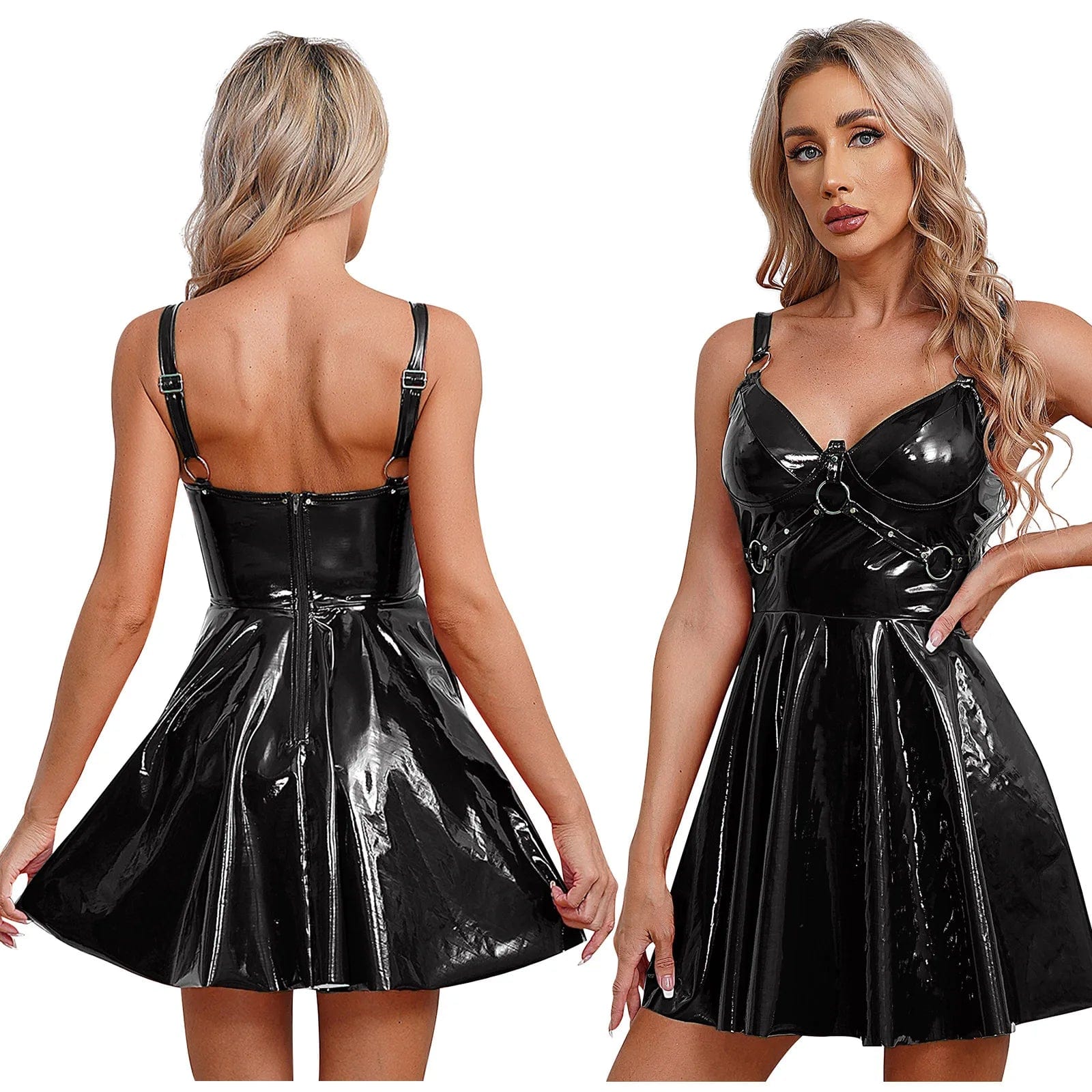 Kinky Cloth Black / S Wet Look O-Ring Strappy Dress