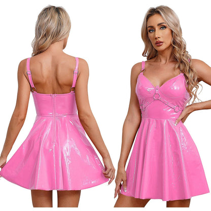 Kinky Cloth Pink / S Wet Look O-Ring Strappy Dress