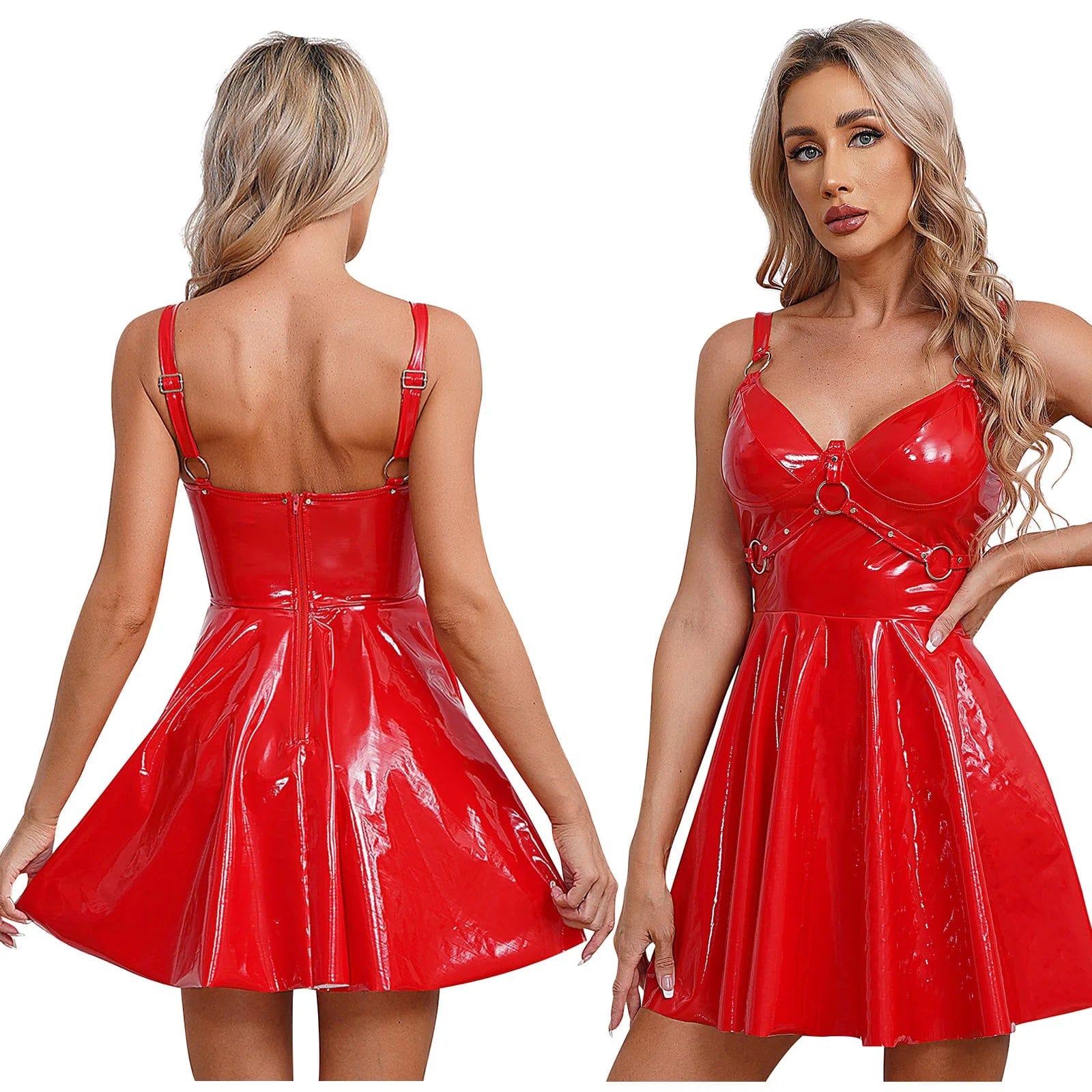 Kinky Cloth Red / S Wet Look O-Ring Strappy Dress