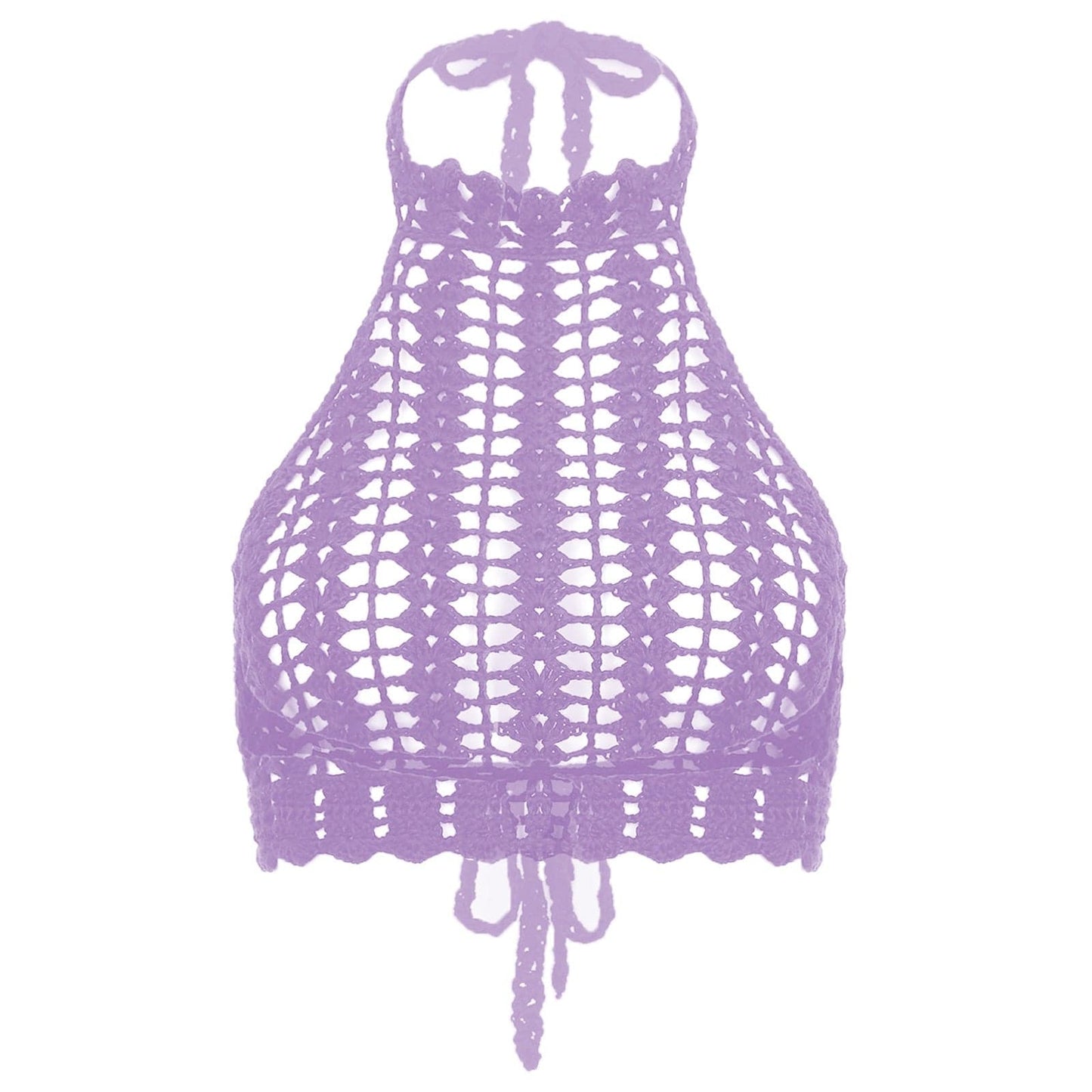 Kinky Cloth Purple / S Womens Lace-up Crochet Crop Top Solid Color Hollow Out Halter Bikini Tops Vacation Beach Pool Party Swimsuit Cover Ups Beachwear