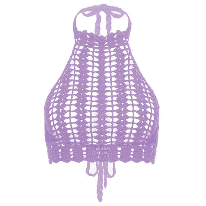 Kinky Cloth Purple / S Womens Lace-up Crochet Crop Top Solid Color Hollow Out Halter Bikini Tops Vacation Beach Pool Party Swimsuit Cover Ups Beachwear