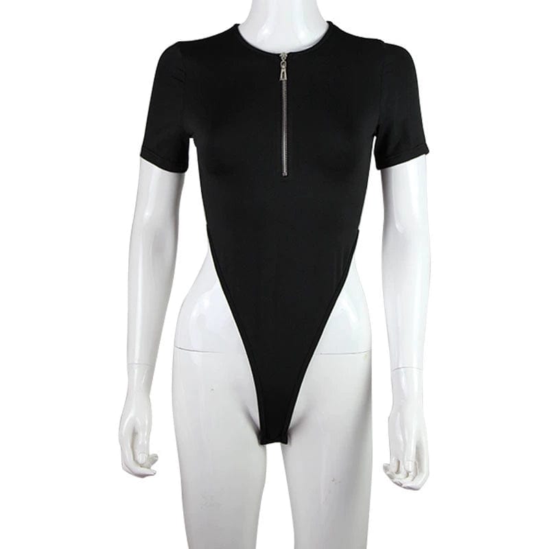 Kinky Cloth Black short sleeve / S Zipper High Cut Bodysuit