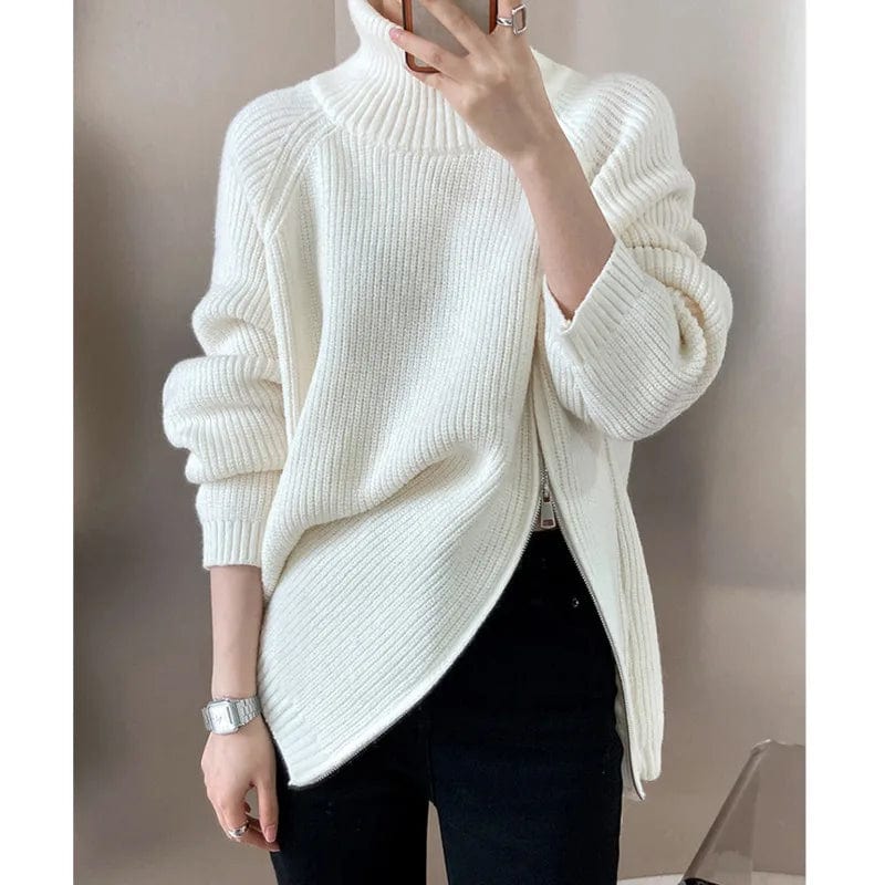 Kinky Cloth beige / One Size Zipper Slit Knit Sweater