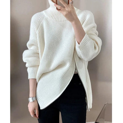 Kinky Cloth beige / One Size Zipper Slit Knit Sweater
