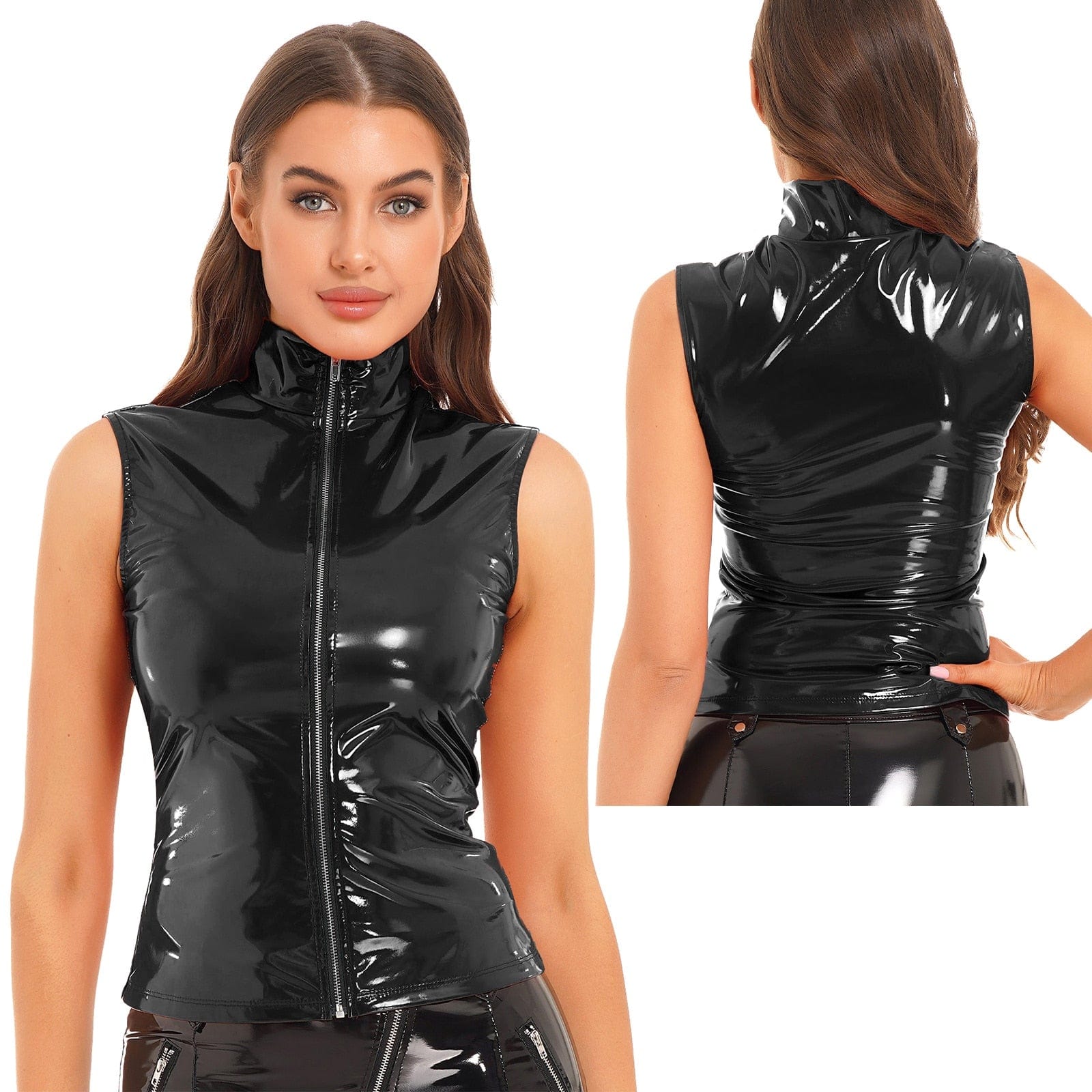 Kinky Cloth Black A / S Zipper Wet Look Sleeveless  Jacket