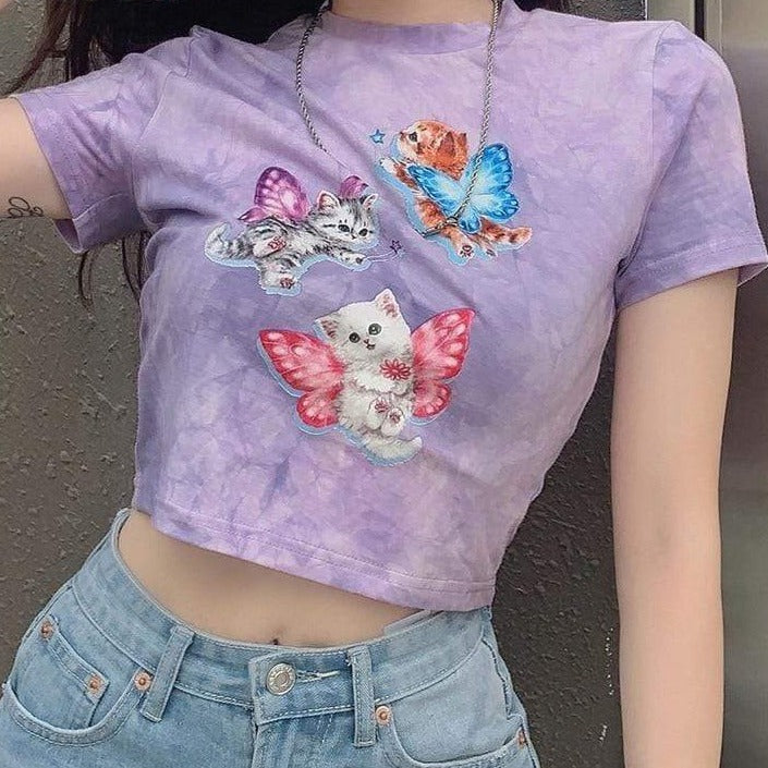 Kinky Cloth ArtSu Summer Casual Cat Print Cute Crop Top TShirt Fashion Tie Dye Print Streetwear Short Sleeve T-shirt Ladies Purple Tee Shirt