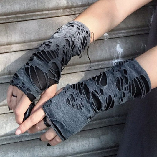 Kinky Cloth Black Broken Slit Fingerless Gloves