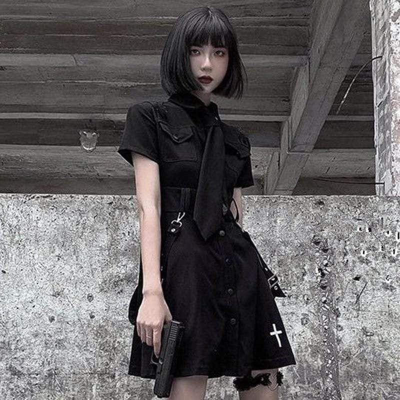 Kinky Cloth Black And Tie / XXL Black Emo Dress with Tie