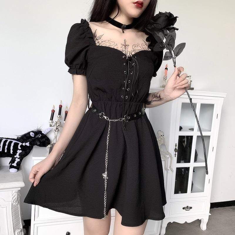 Kinky Cloth 200000347 Black Gothic Lace Up Mini Dress