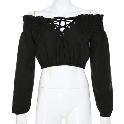 Kinky Cloth 200000791 Black / S Black Lace Up Off Shoulder Crop Top