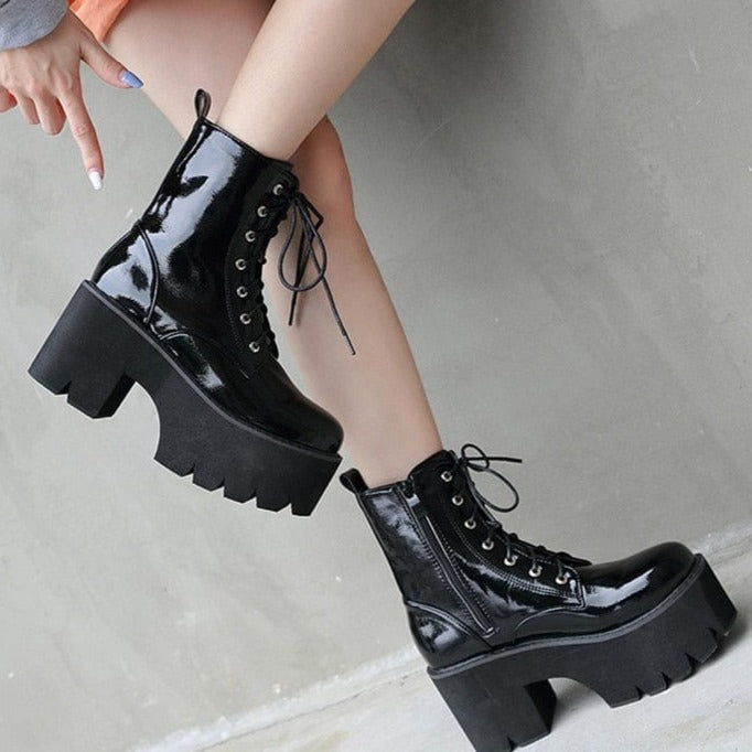 Kinky Cloth Black Patent Leather Chunky Boots