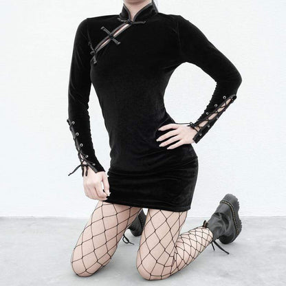 Kinky Cloth 200000347 Black Side Lace Up Cheongsam Bodycon