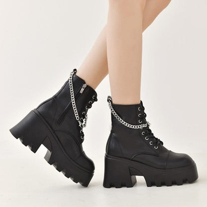 Kinky Cloth Block Heel Platform Chain Boots