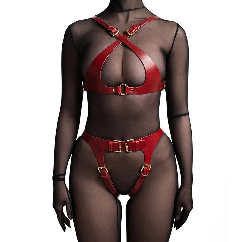 Kinky Cloth Red - 1 Set / One size Body Bondage Leather Harness Set
