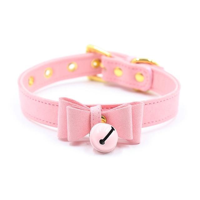 Kinky Cloth Necklace Pink Bow & Bell Collar