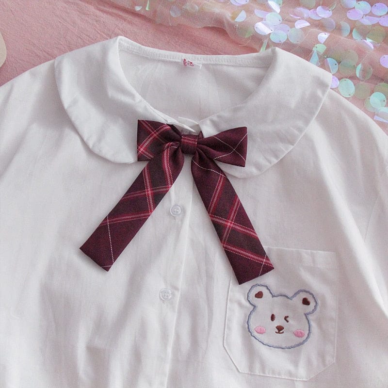 Kinky Cloth Bow Tie Bear Embroidery Pocket Top