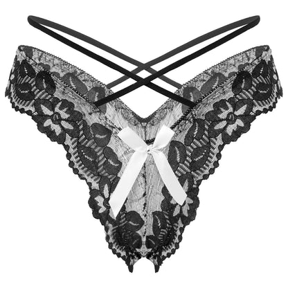 Kinky Cloth 351 Black / One Size Bowknot Floral Lace String Panties