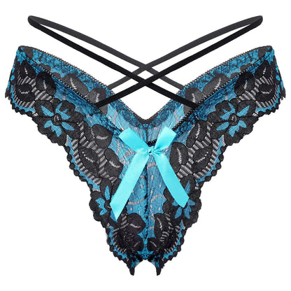 Kinky Cloth 351 Blue / One Size Bowknot Floral Lace String Panties