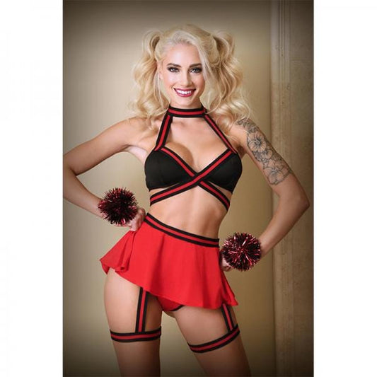 Fantasy Lingerie Sexy Wear Bralette, Skirt Panty, With Detachable Leg Garter And Pom Pom Wristlets M/l Black And Red