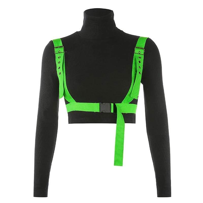 Kinky Cloth 200000791 Black / L Buckle Patchwork Top with Neon Green Belt