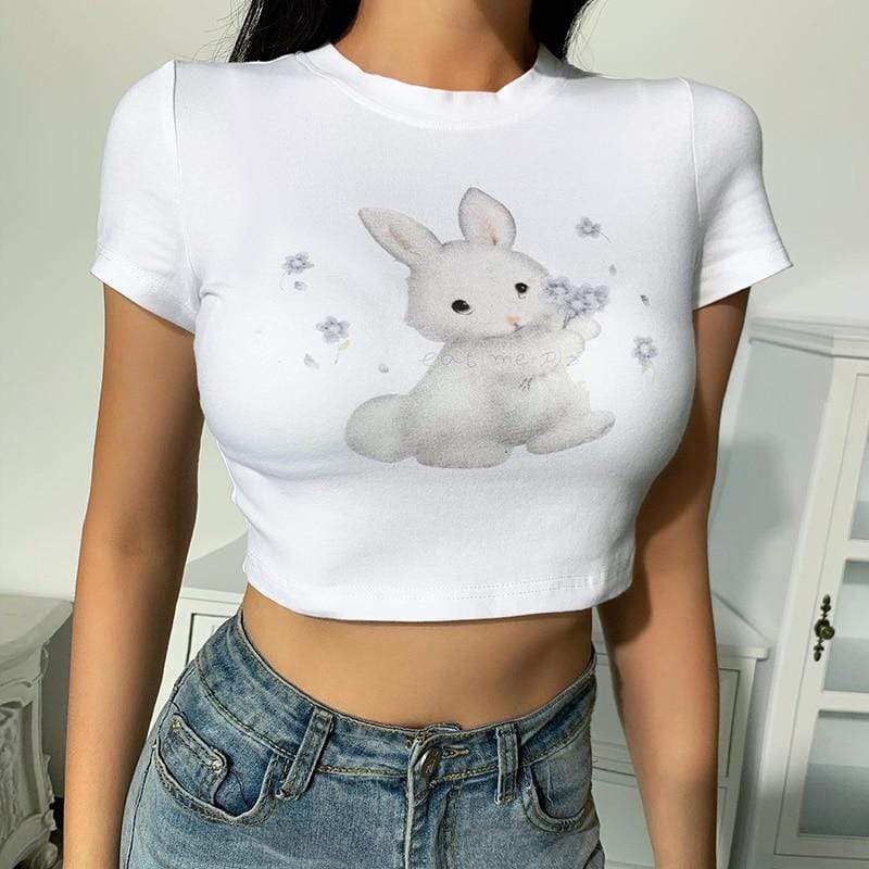 Kinky Cloth 200000791 Bunny Print White Crop T-Shirt