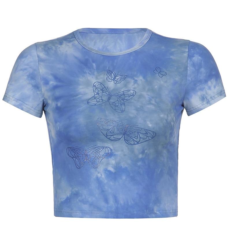 Kinky Cloth Blue / S Butterfly Print Crop T-Shirt
