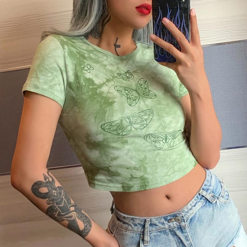 Kinky Cloth Green / S Butterfly Print Crop T-Shirt