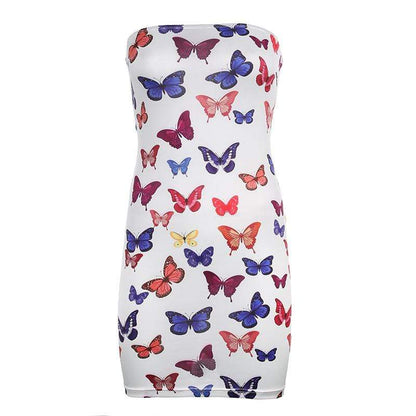 Butterfly Print Strapless Mini Dress