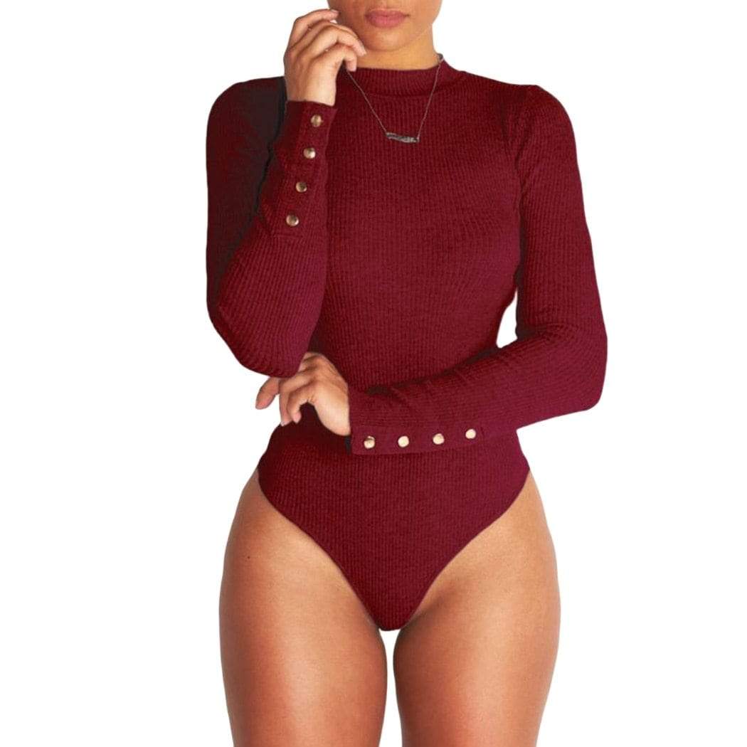 Kinky Cloth Wine Red / S Button Turtleneck Bodysuit