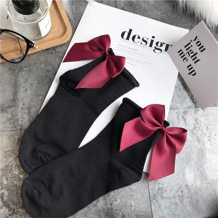 Kinky Cloth 200000866 Black - Wine Red Candy Color Bow Short Socks
