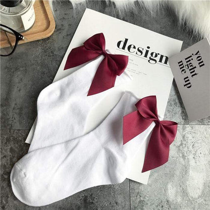 Kinky Cloth 200000866 White - Wine Red Candy Color Bow Short Socks