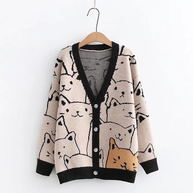 Kinky Cloth Beige / One Size Cat Knitted Cardigan