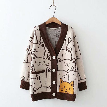 Kinky Cloth Brown / One Size Cat Knitted Cardigan