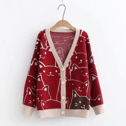 Kinky Cloth Red / One Size Cat Knitted Cardigan