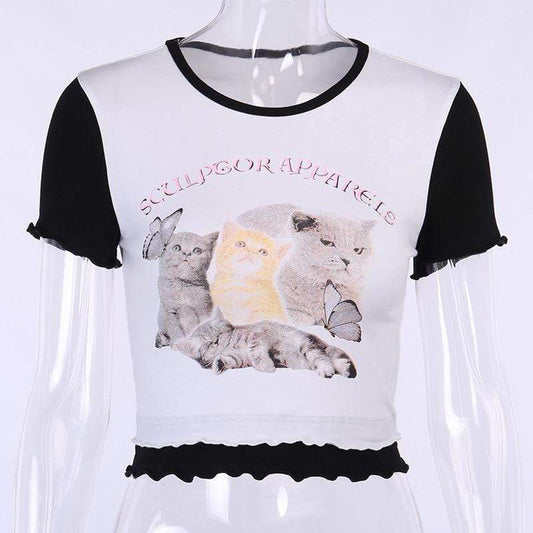 Kinky Cloth White Black / S Cat Print Frill Crop Top