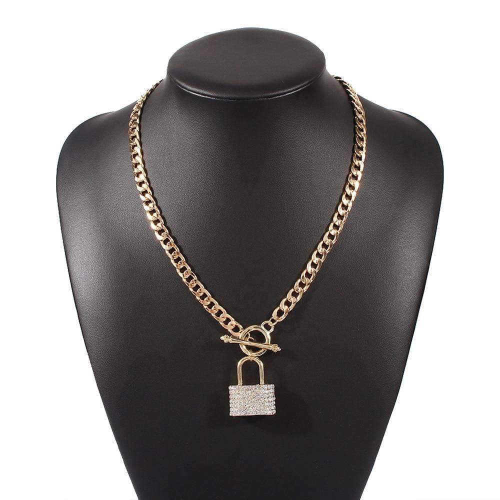 Kinky Cloth 200000162 Gold Creative Metal Lock Diamond Pendant Necklace