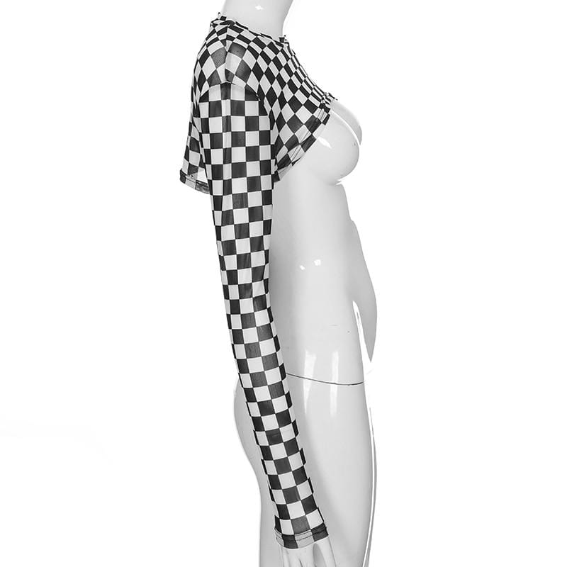 Kinky Cloth 200000791 Cropped Long Sleeve Checkerboard T-Shirt