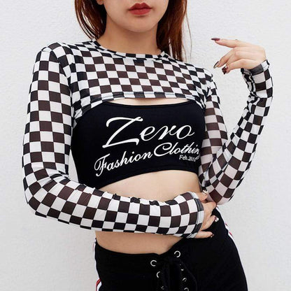 Kinky Cloth 200000791 Cropped Long Sleeve Checkerboard T-Shirt