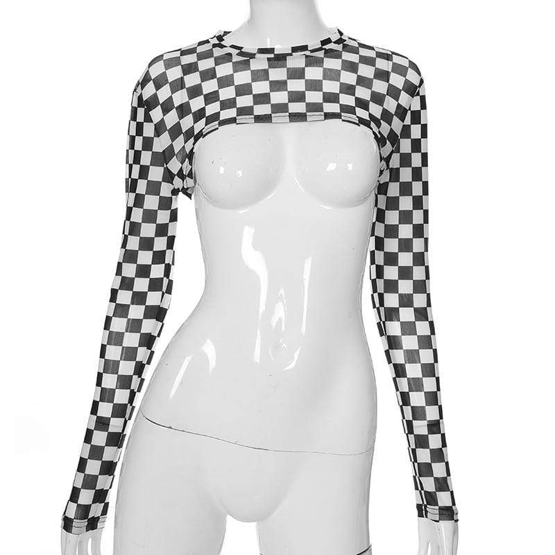 Kinky Cloth 200000791 White / S Cropped Long Sleeve Checkerboard T-Shirt